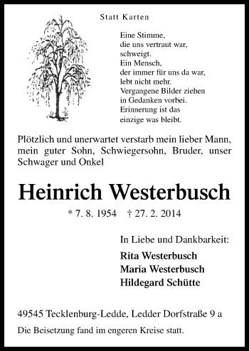 Traueranzeige von Heinrich Westerbusch von Neue Osnabrücker Zeitung GmbH & Co. KG