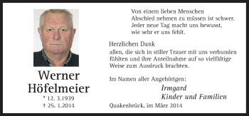 Traueranzeige von Werner Höfelmeier von Neue Osnabrücker Zeitung GmbH & Co. KG