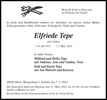 Traueranzeige von Elfriede Tepe von Neue Osnabrücker Zeitung GmbH & Co. KG