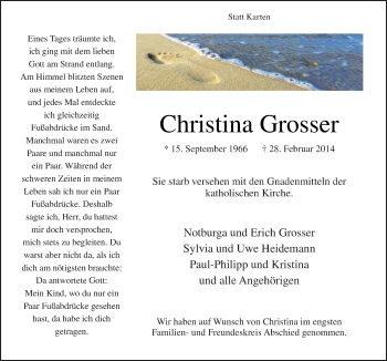 Traueranzeige von Christina Grosser von Neue Osnabrücker Zeitung GmbH & Co. KG