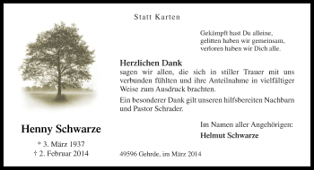 Traueranzeige von Henny Schwarze von Neue Osnabrücker Zeitung GmbH & Co. KG