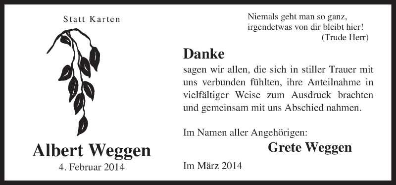  Traueranzeige für Albert Weggen vom 22.03.2014 aus Neue Osnabrücker Zeitung GmbH & Co. KG