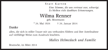 Traueranzeige von Wilma Renner von Neue Osnabrücker Zeitung GmbH & Co. KG