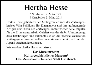 Traueranzeige von Hertha Hesse von Neue Osnabrücker Zeitung GmbH & Co. KG