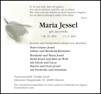 Traueranzeige von Maria Jessel von Neue Osnabrücker Zeitung GmbH & Co. KG