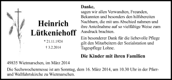 Traueranzeige von Heinrich Lütkeniehoff von Neue Osnabrücker Zeitung GmbH & Co. KG