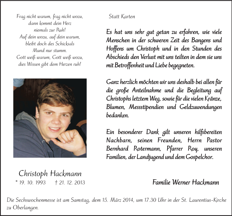  Traueranzeige für Christoph Hackmann vom 12.03.2014 aus Neue Osnabrücker Zeitung GmbH & Co. KG