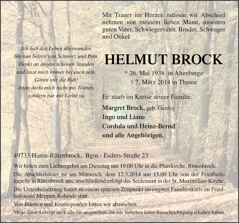  Traueranzeige für Helmut Brock vom 10.03.2014 aus Neue Osnabrücker Zeitung GmbH & Co. KG