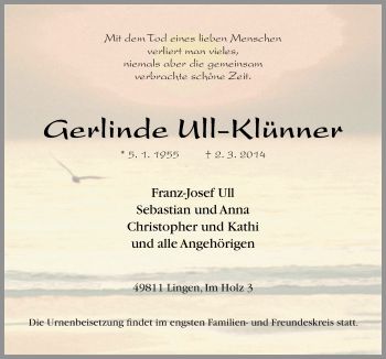 Traueranzeige von Gerlinde Ull-Klünner von Neue Osnabrücker Zeitung GmbH & Co. KG