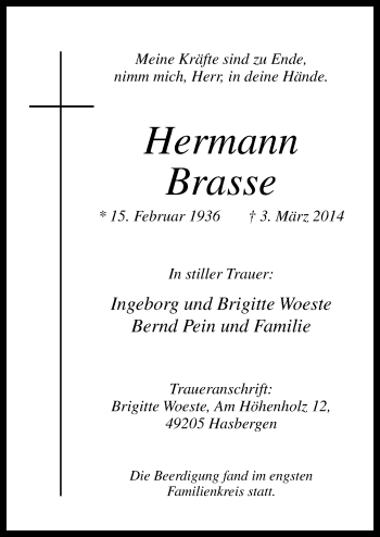 Traueranzeige von Hermann Brasse von Neue Osnabrücker Zeitung GmbH & Co. KG