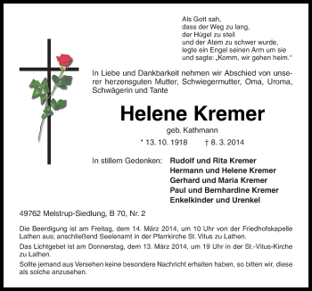 Traueranzeige von Helene Kremer von Neue Osnabrücker Zeitung GmbH & Co. KG