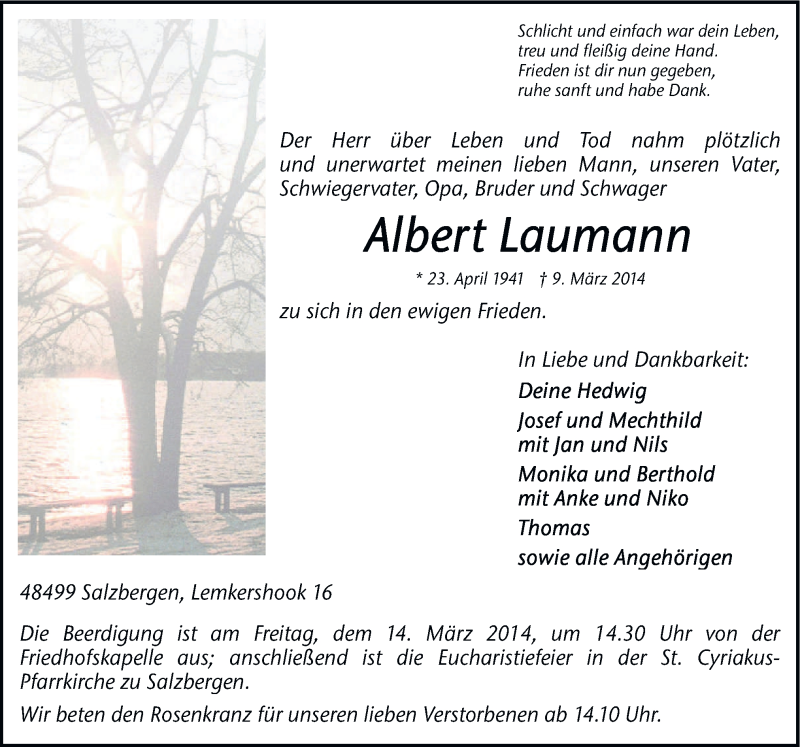 Traueranzeige für Albert Laumann vom 11.03.2014 aus Neue Osnabrücker Zeitung GmbH & Co. KG