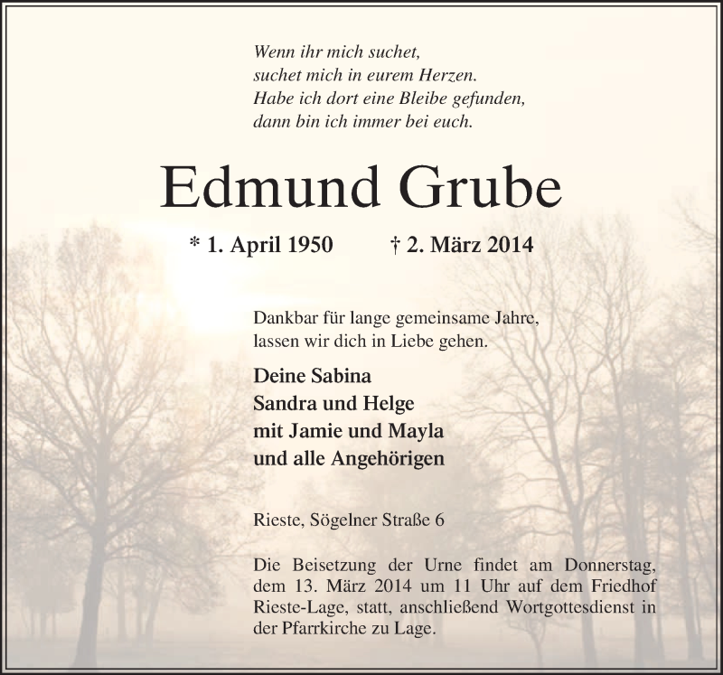  Traueranzeige für Edmund Grube vom 11.03.2014 aus Neue Osnabrücker Zeitung GmbH & Co. KG
