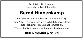 Traueranzeige von Bernd Hinnenkamp von Neue Osnabrücker Zeitung GmbH & Co. KG