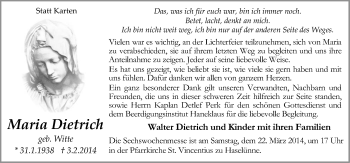 Traueranzeige von Maria Dietrich von Neue Osnabrücker Zeitung GmbH & Co. KG