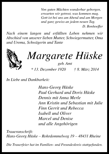 Traueranzeige von Margarete Hüske von Neue Osnabrücker Zeitung GmbH & Co. KG