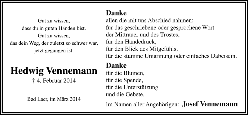  Traueranzeige für Hedwig Vennemann vom 18.03.2014 aus Neue Osnabrücker Zeitung GmbH & Co. KG