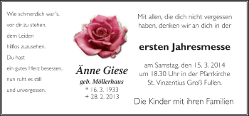 Traueranzeige von Änne Giese von Neue Osnabrücker Zeitung GmbH & Co. KG