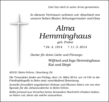 Traueranzeige von Alma Hemminghaus von Neue Osnabrücker Zeitung GmbH & Co. KG