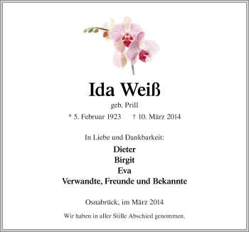 Traueranzeige von Ida Weiß von Neue Osnabrücker Zeitung GmbH & Co. KG