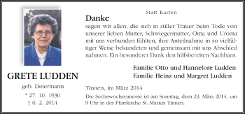 Traueranzeige von Grete Ludden von Neue Osnabrücker Zeitung GmbH & Co. KG