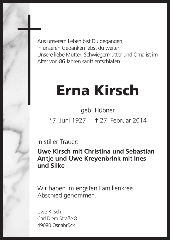  Traueranzeige für Erna Kirsch vom 14.03.2014 aus Neue Osnabrücker Zeitung GmbH & Co. KG