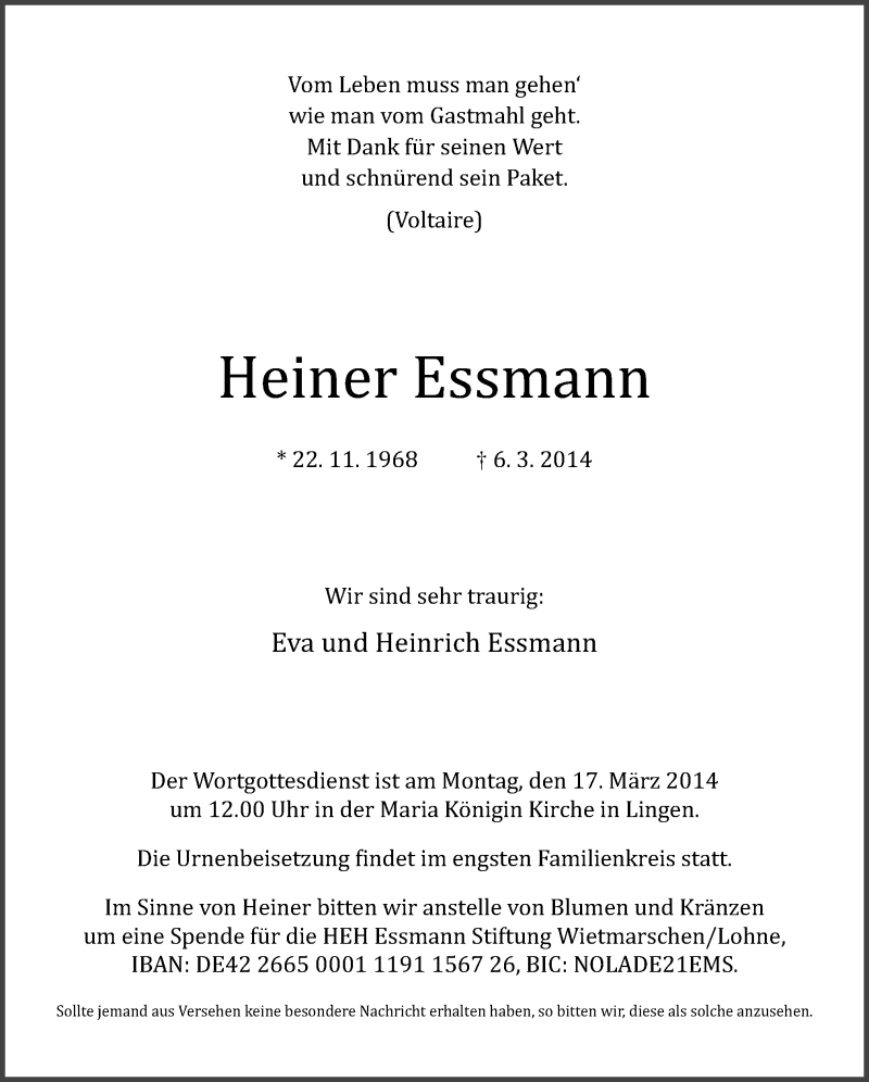  Traueranzeige für Heiner Essmann vom 13.03.2014 aus Neue Osnabrücker Zeitung GmbH & Co. KG