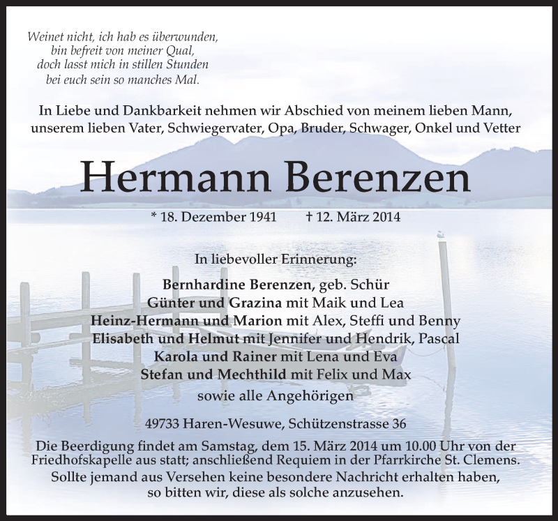  Traueranzeige für Hermann Berenzen vom 13.03.2014 aus Neue Osnabrücker Zeitung GmbH & Co. KG