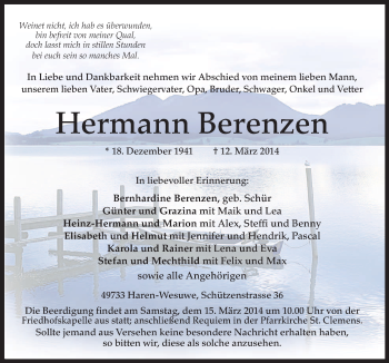 Traueranzeige von Hermann Berenzen von Neue Osnabrücker Zeitung GmbH & Co. KG