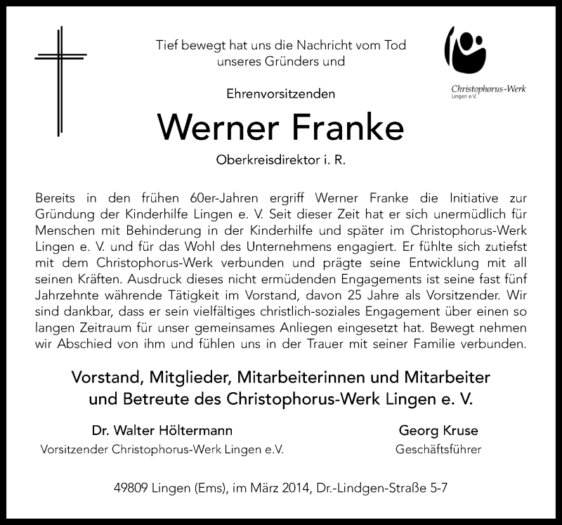  Traueranzeige für Werner Franke vom 13.03.2014 aus Neue Osnabrücker Zeitung GmbH & Co. KG
