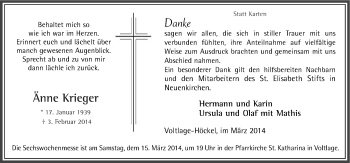 Traueranzeige von Änne Krieger von Neue Osnabrücker Zeitung GmbH & Co. KG