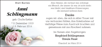 Traueranzeige von Anni Schlingmann von Neue Osnabrücker Zeitung GmbH & Co. KG