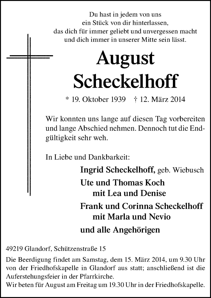 Traueranzeige für August Scheckelhoff vom 13.03.2014 aus Neue Osnabrücker Zeitung GmbH & Co. KG