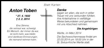 Traueranzeige von Anton Toben von Neue Osnabrücker Zeitung GmbH & Co. KG