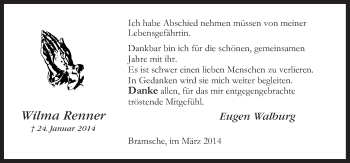 Traueranzeige von Wilma Renner von Neue Osnabrücker Zeitung GmbH & Co. KG