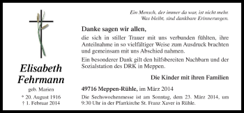 Traueranzeige von Elisabeth Fehrmann von Neue Osnabrücker Zeitung GmbH & Co. KG