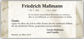 Traueranzeige von Friedrich Maßmann von Neue Osnabrücker Zeitung GmbH & Co. KG