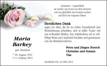 Traueranzeige von Maria Barkey von Neue Osnabrücker Zeitung GmbH & Co. KG