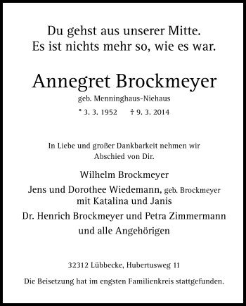 Traueranzeige von Annegret Brockmeyer von Neue Osnabrücker Zeitung GmbH & Co. KG