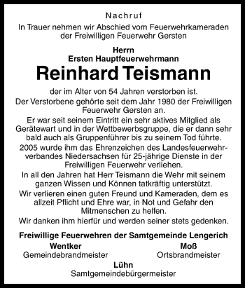 Traueranzeige von Reinhard Teismann von Neue Osnabrücker Zeitung GmbH & Co. KG