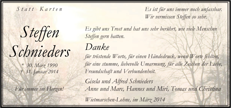  Traueranzeige für Steffen Schnieders vom 22.03.2014 aus Neue Osnabrücker Zeitung GmbH & Co. KG