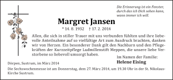 Traueranzeige von Margret Jansen von Neue Osnabrücker Zeitung GmbH & Co. KG