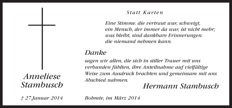  Traueranzeige für Anneliese Stambusch vom 15.03.2014 aus Neue Osnabrücker Zeitung GmbH & Co. KG