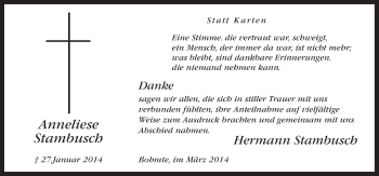 Traueranzeige von Anneliese Stambusch von Neue Osnabrücker Zeitung GmbH & Co. KG