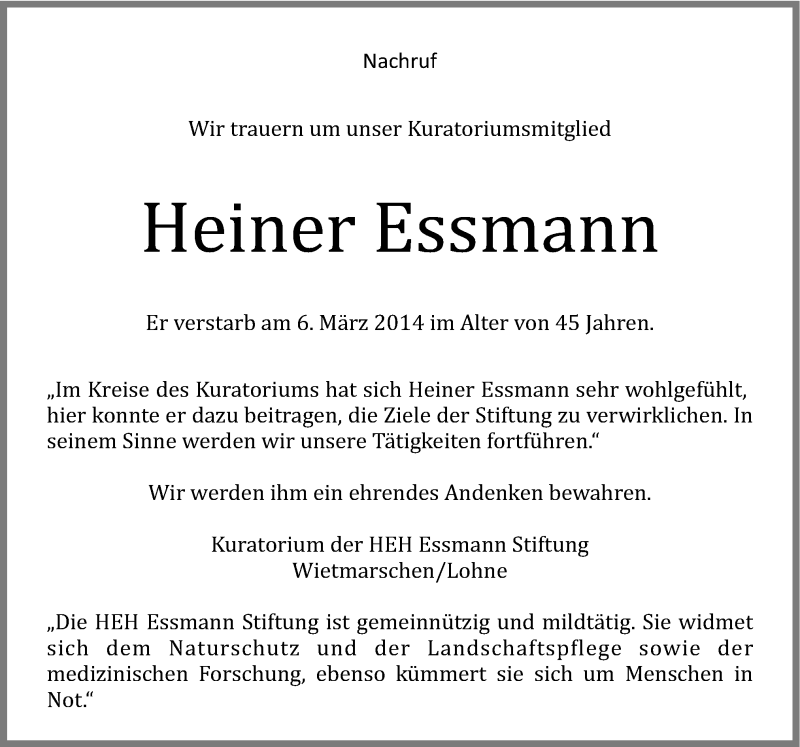  Traueranzeige für Heiner Essmann vom 15.03.2014 aus Neue Osnabrücker Zeitung GmbH & Co. KG