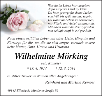 Traueranzeige von Wilhelmine Mörking von Neue Osnabrücker Zeitung GmbH & Co. KG