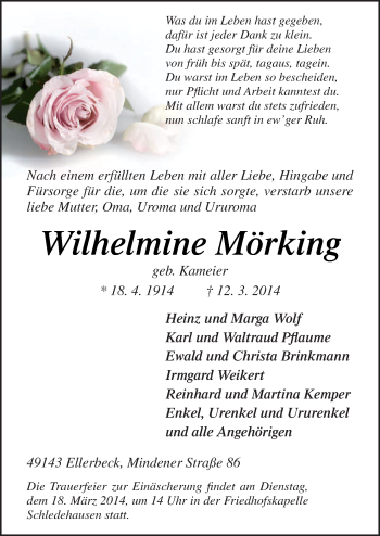 Traueranzeige von Wilhelmine Mörking von Neue Osnabrücker Zeitung GmbH & Co. KG