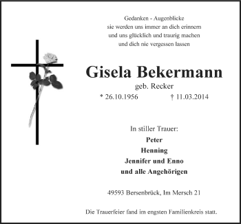 Traueranzeige von Gisela Bekermann von Neue Osnabrücker Zeitung GmbH & Co. KG