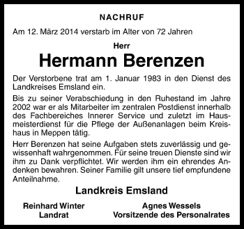 Traueranzeige von Hermann Berenzen von Neue Osnabrücker Zeitung GmbH & Co. KG