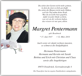 Traueranzeige von Margret Pentermann von Neue Osnabrücker Zeitung GmbH & Co. KG